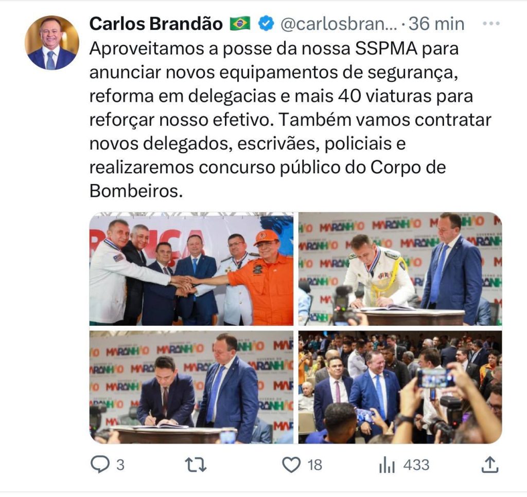 O governador Carlos Brandão anunciou uma série de ações voltadas para a segurança durante a posse e recondução dos gestores da Secretaria de Estado da Segurança Pública (SSP),